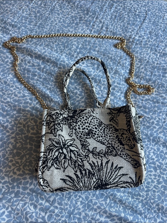 Handbags - Black & White Leopard Jacquard Mini Tote Bag with Gold Chain